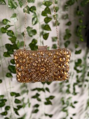 Gold Jeweled Evening Clutch with Chain Strap